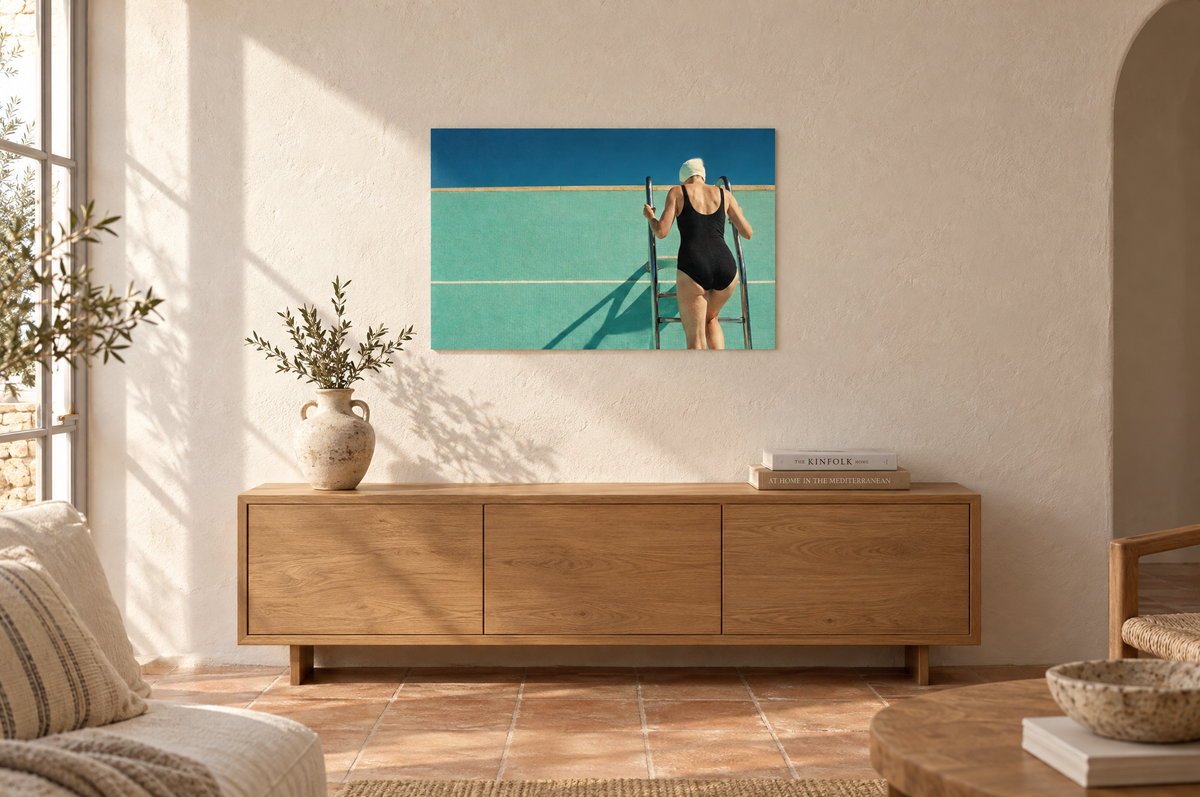 The Ladder print hanging in a sunlit Mediterranean living room