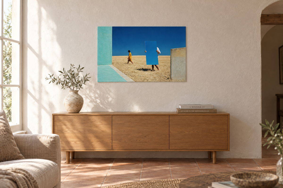 Mirror print hanging in a sunlit Mediterranean living room