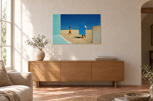 Mirror print hanging in a sunlit Mediterranean living room