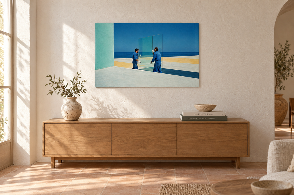 Glass print hanging in a sunlit Mediterranean living room
