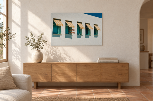 Awning print hanging in a sunlit Mediterranean living room