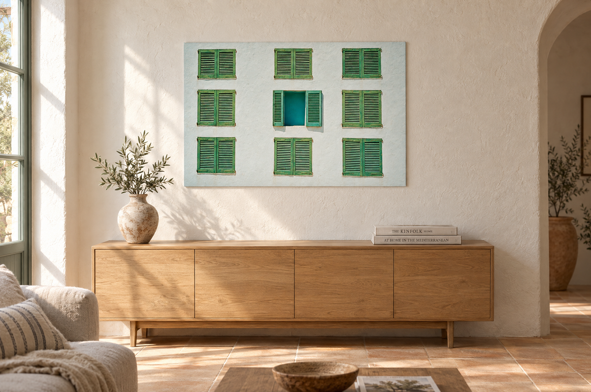 Blinds print hanging in a sunlit Mediterranean living room