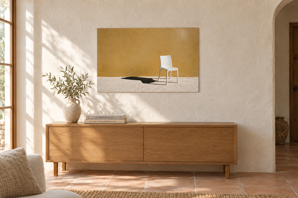 Empty Chair print hanging in a sunlit Mediterranean living room