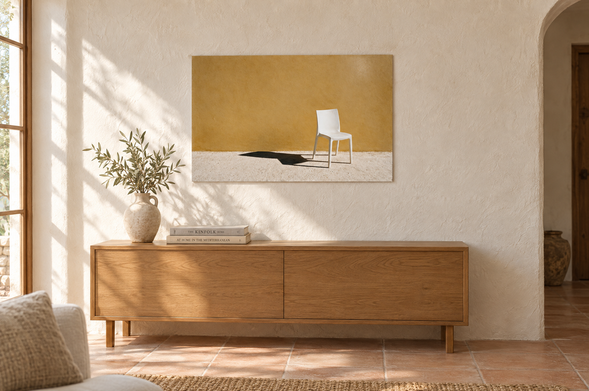 Empty Chair print hanging in a sunlit Mediterranean living room
