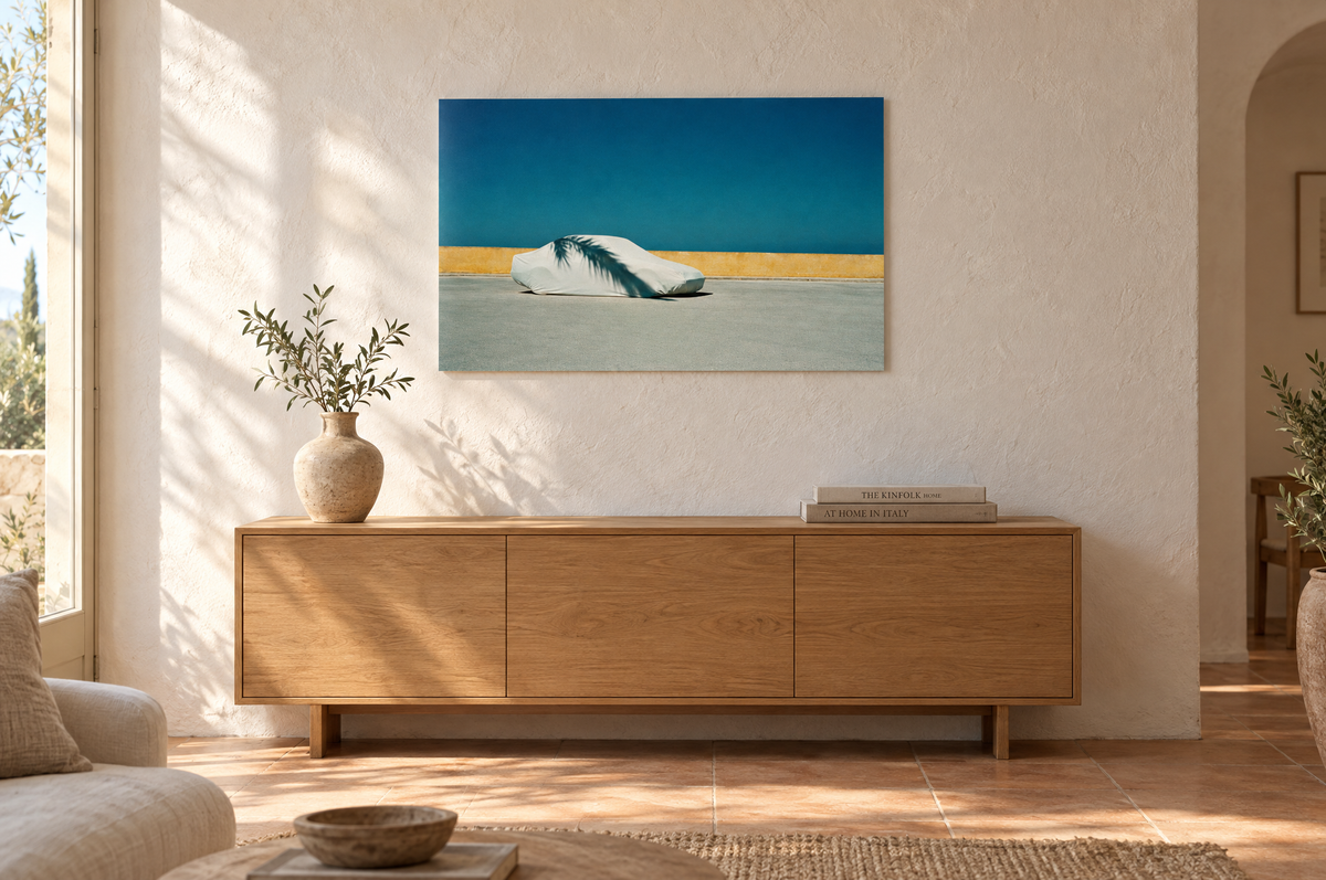 Under Cover print hanging in a sunlit Mediterranean living room