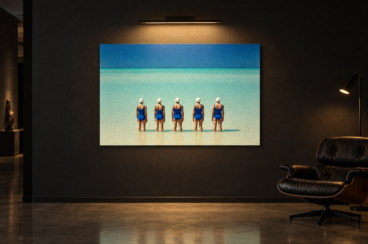 Formation print on a dark gallery wall under a picture light