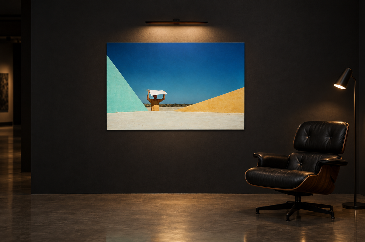 Own Shade print on a dark gallery wall under a picture light