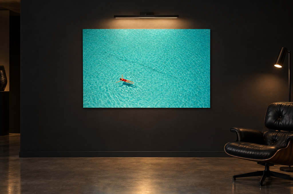 Overhead print on a dark gallery wall under a picture light