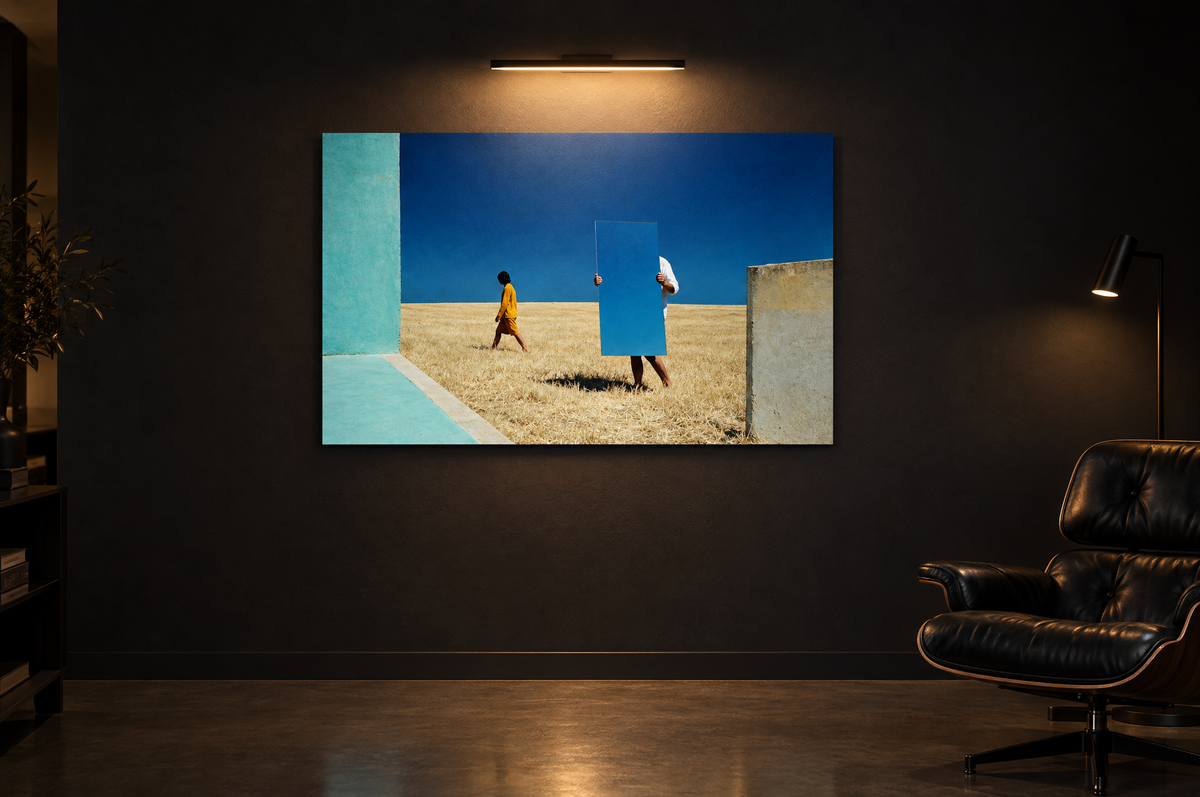 Mirror print on a dark gallery wall under a picture light