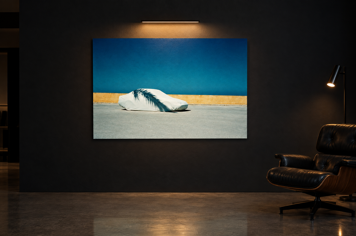 Under Cover print on a dark gallery wall under a picture light