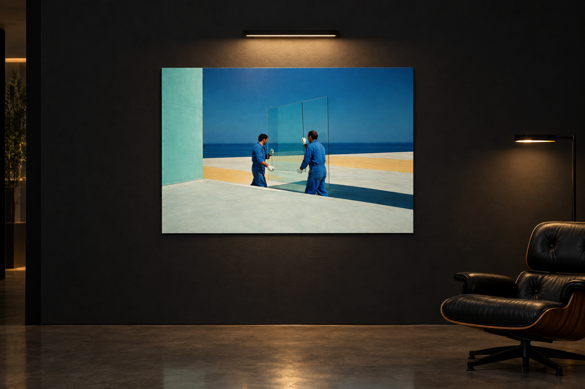 Glass print on a dark gallery wall under a picture light