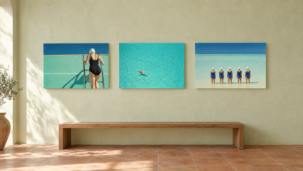 Three High Noon prints hung together on a pale plaster wall — The Ladder, Overhead and Formation