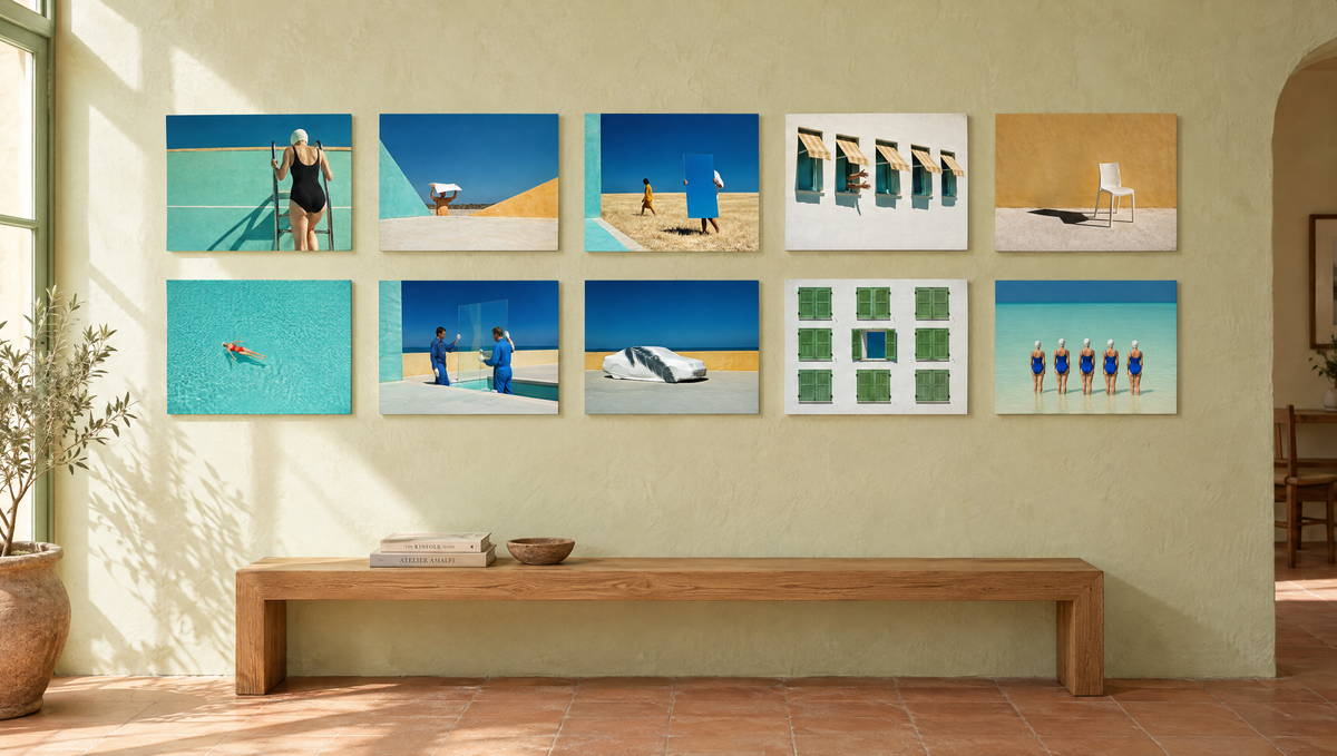 The complete High Noon series — ten 30 x 20 cm prints hung as a grid on a plaster wall