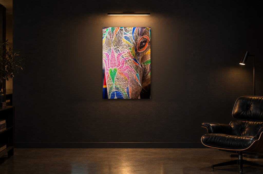 India No. 02 — Lotus and Eye — photo print shown in a dark gallery room under a picture light