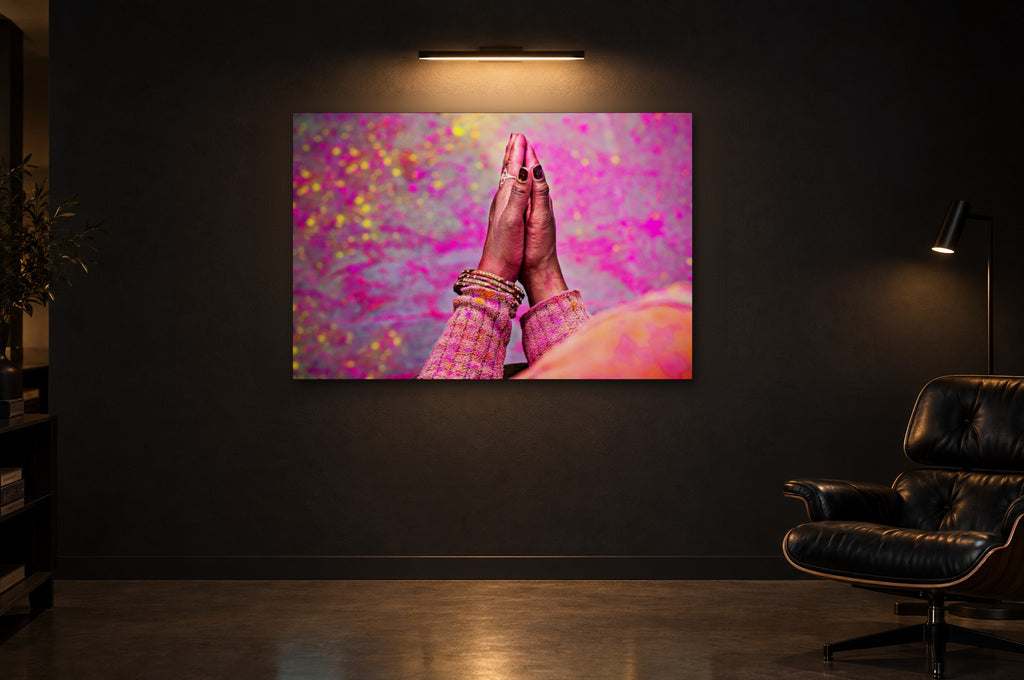 India No. 04 — Namaste — photo print shown in a dark gallery room under a picture light