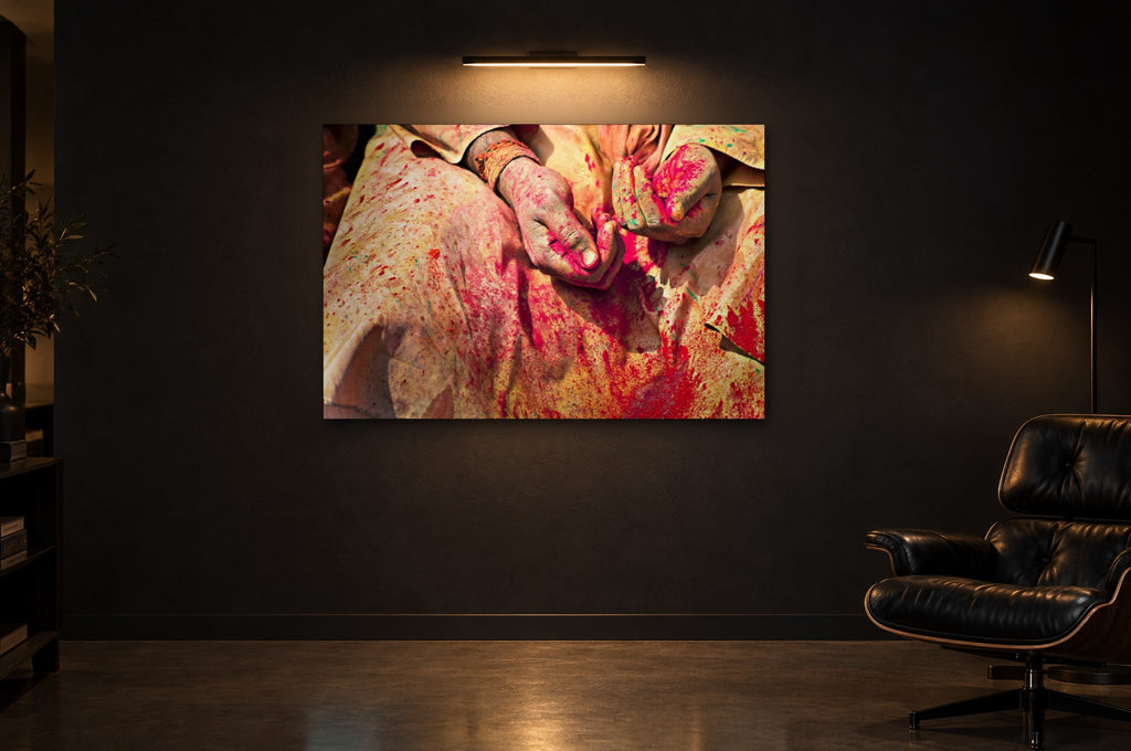 India No. 06 — Crimson — photo print shown in a dark gallery room under a picture light
