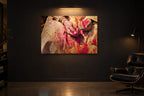 India No. 06 — Crimson — photo print shown in a dark gallery room under a picture light