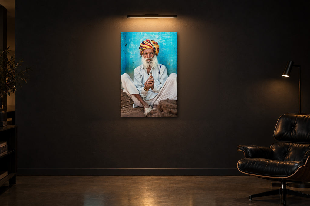 India No. 08 — Blue Wall — photo print shown in a dark gallery room under a picture light