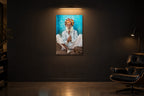 India No. 08 — Blue Wall — photo print shown in a dark gallery room under a picture light