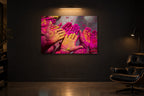 India No. 10 — Magenta — photo print shown in a dark gallery room under a picture light