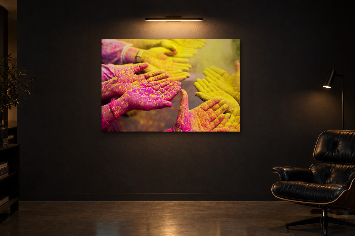 India No. 11 — Pink and Gold — photo print shown in a dark gallery room under a picture light