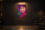 India No. 13 — Eyes Closed — photo print shown in a dark gallery room under a picture light