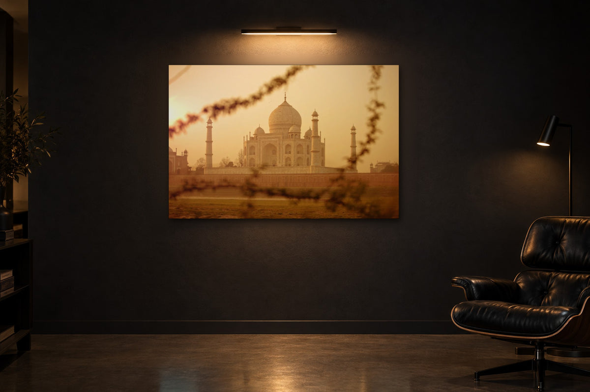 India No. 14 — Beyond the Branches — photo print shown in a dark gallery room under a picture light