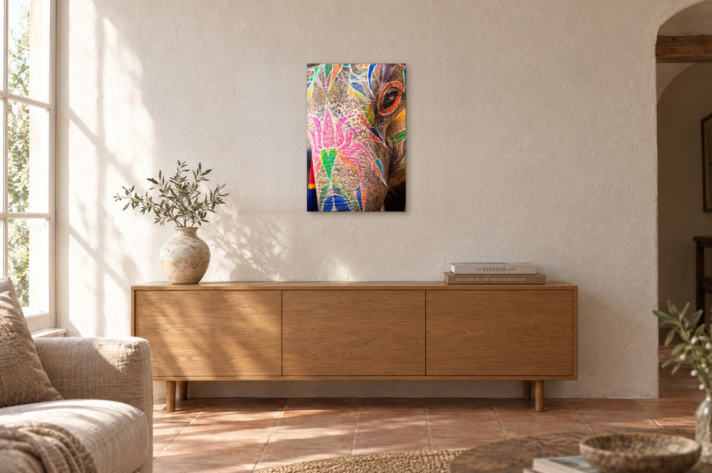 India No. 02 — Lotus and Eye — photo print shown on a wall in a Mediterranean living room