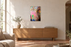 India No. 02 — Lotus and Eye — photo print shown on a wall in a Mediterranean living room