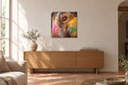India No. 03 — Elephant's Eye — photo print shown on a wall in a Mediterranean living room