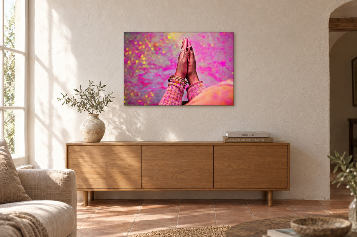 India No. 04 — Namaste — photo print shown on a wall in a Mediterranean living room