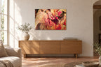 India No. 06 — Crimson — photo print shown on a wall in a Mediterranean living room
