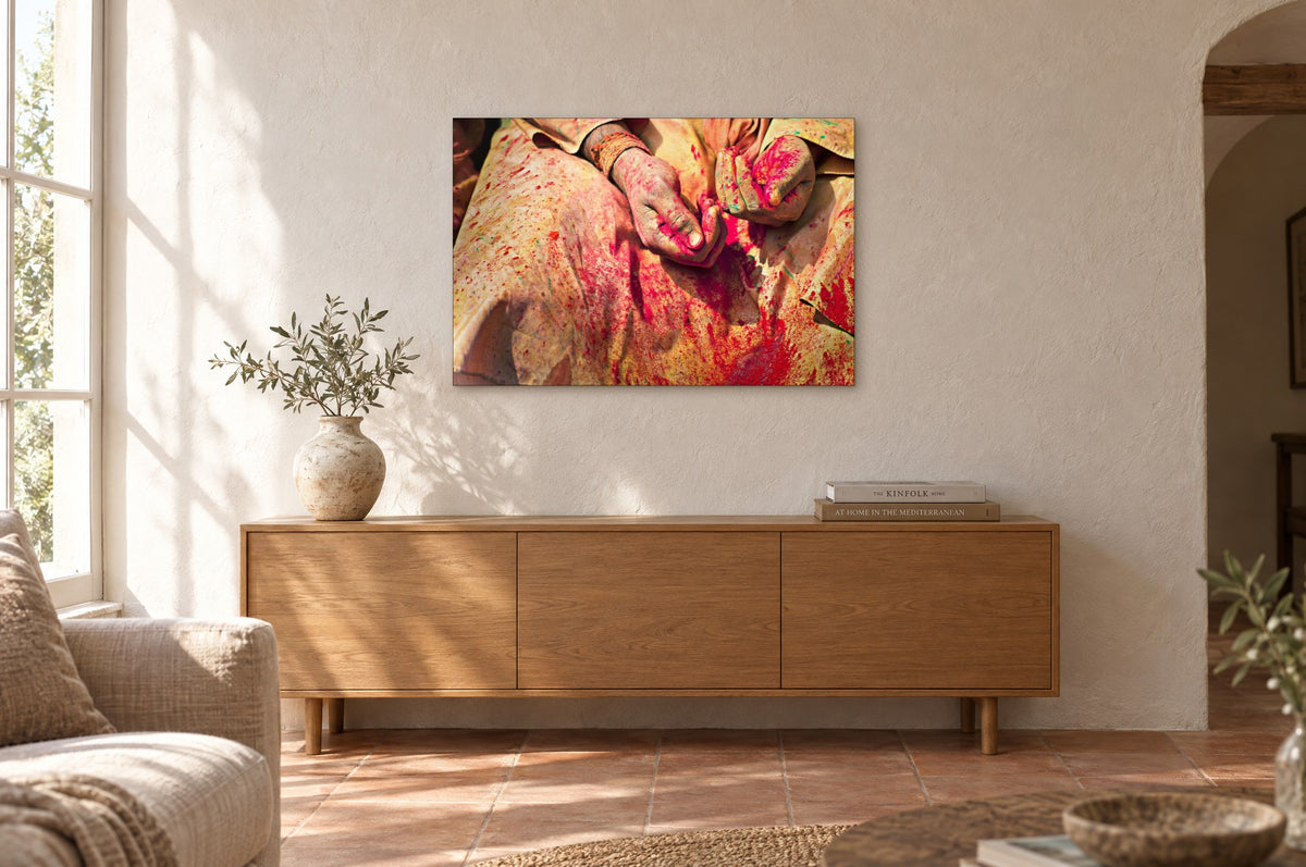 India No. 06 — Crimson — photo print shown on a wall in a Mediterranean living room