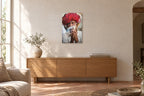 India No. 07 — Red Turban — photo print shown on a wall in a Mediterranean living room