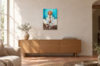 India No. 08 — Blue Wall — photo print shown on a wall in a Mediterranean living room