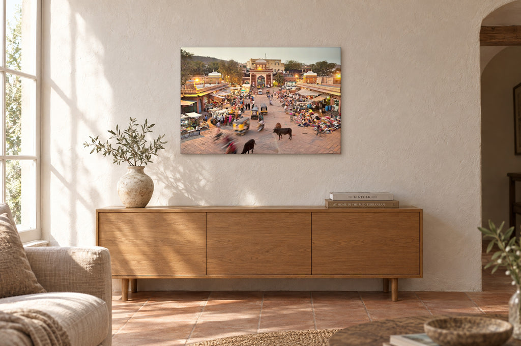 India No. 09 — Market Gate — photo print shown on a wall in a Mediterranean living room