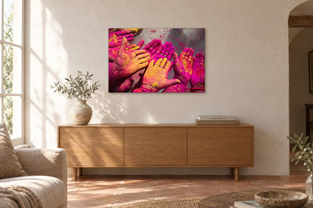 India No. 10 — Magenta — photo print shown on a wall in a Mediterranean living room
