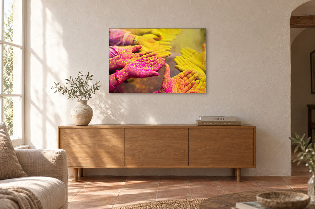 India No. 11 — Pink and Gold — photo print shown on a wall in a Mediterranean living room