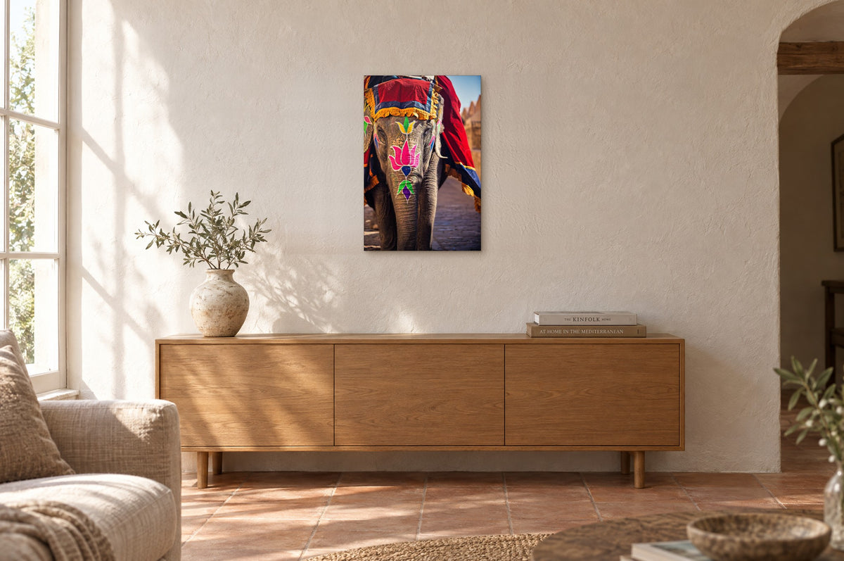 India No. 12 — Festival Dress — photo print shown on a wall in a Mediterranean living room