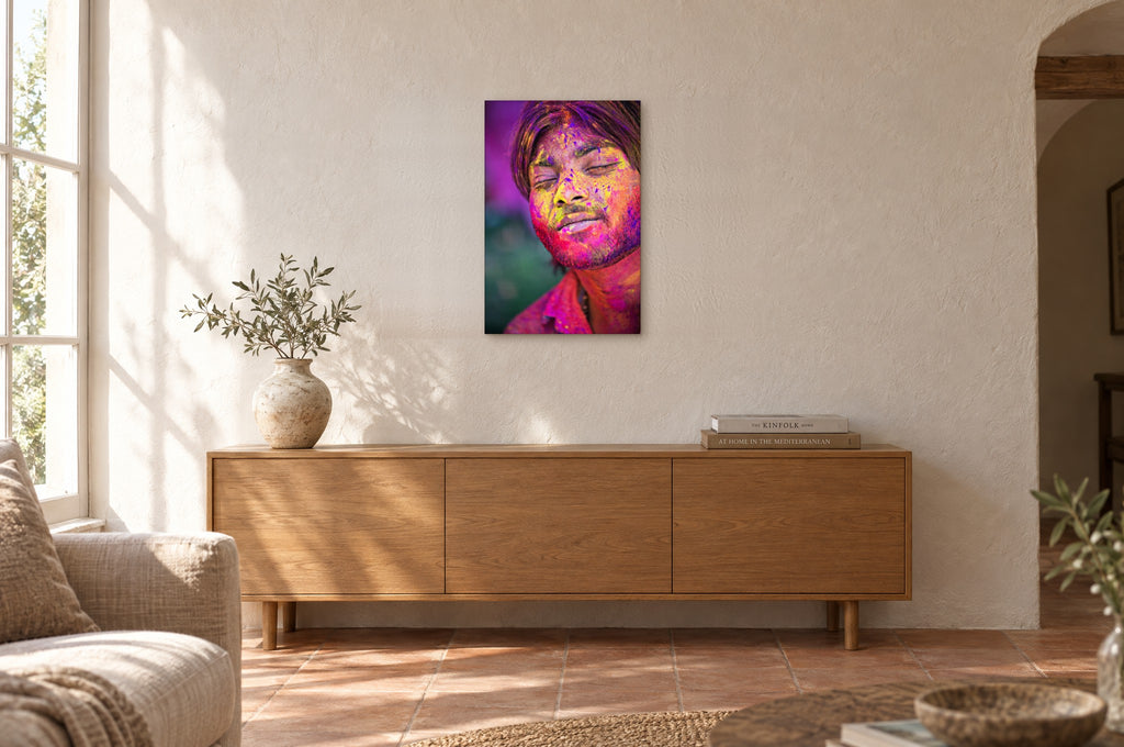 India No. 13 — Eyes Closed — photo print shown on a wall in a Mediterranean living room