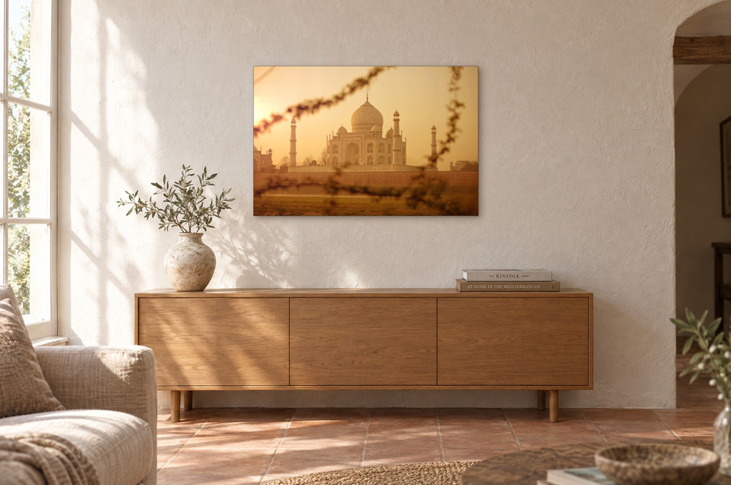 India No. 14 — Beyond the Branches — photo print shown on a wall in a Mediterranean living room