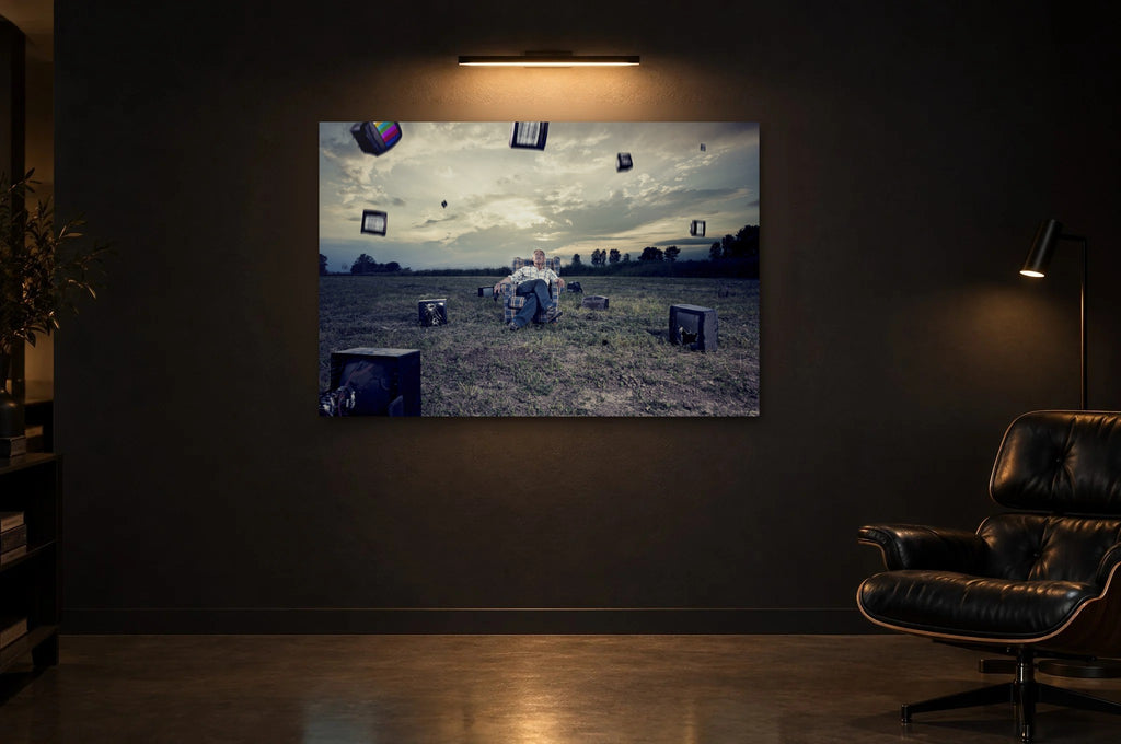 Television Project No. 02 — Downpour — photo print shown in a dark gallery room under a picture light