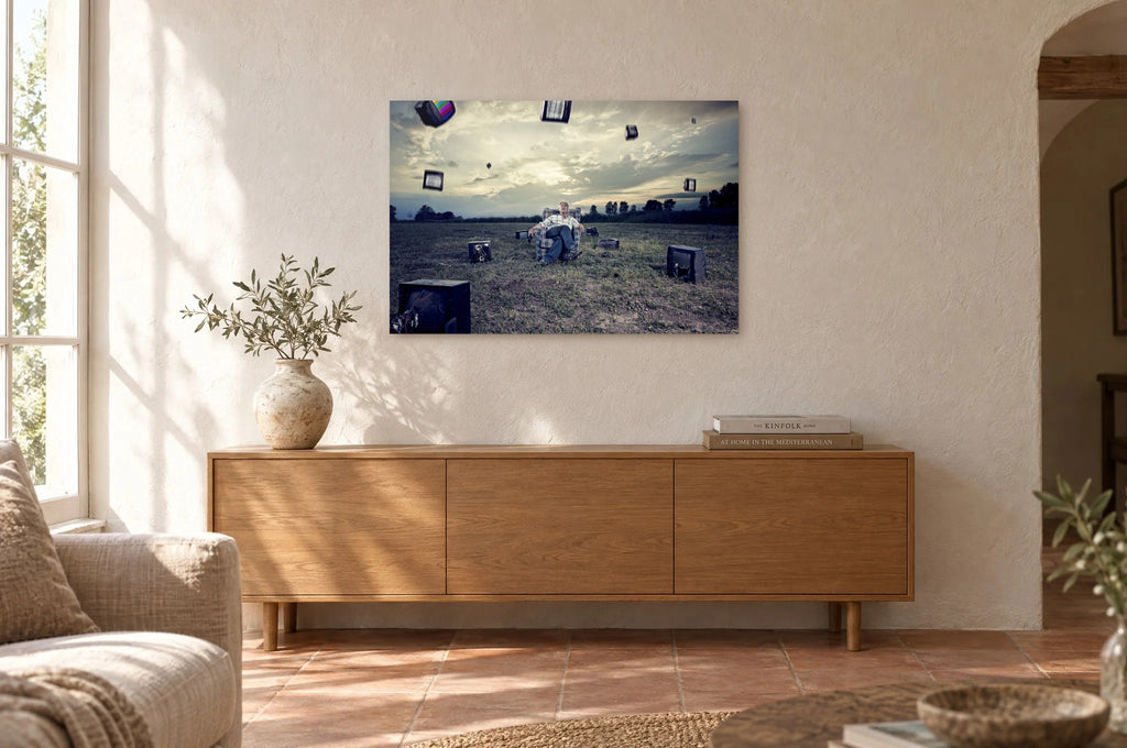 Television Project No. 02 — Downpour — photo print shown on a wall in a Mediterranean living room