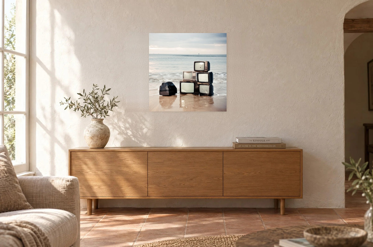 Television Project No. 03 — Low Tide — photo print shown on a wall in a Mediterranean living room