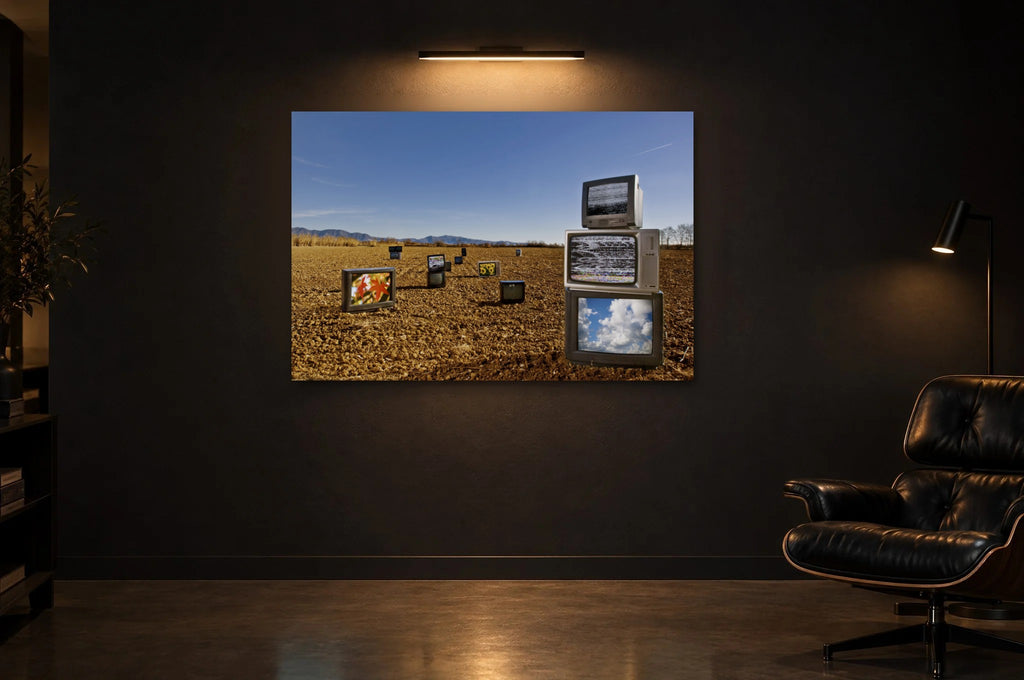 Television Project No. 04 — Harvest of Images — photo print shown in a dark gallery room under a picture light