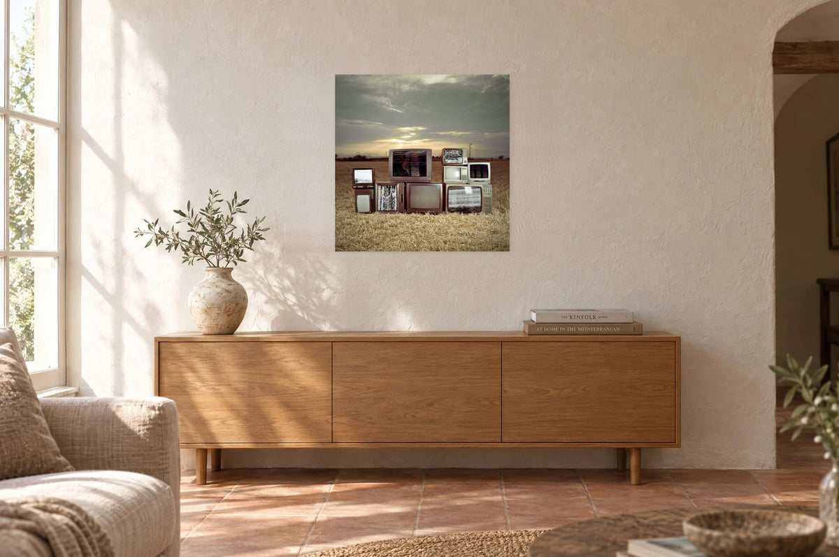 Television Project No. 05 — Static Field — photo print shown on a wall in a Mediterranean living room