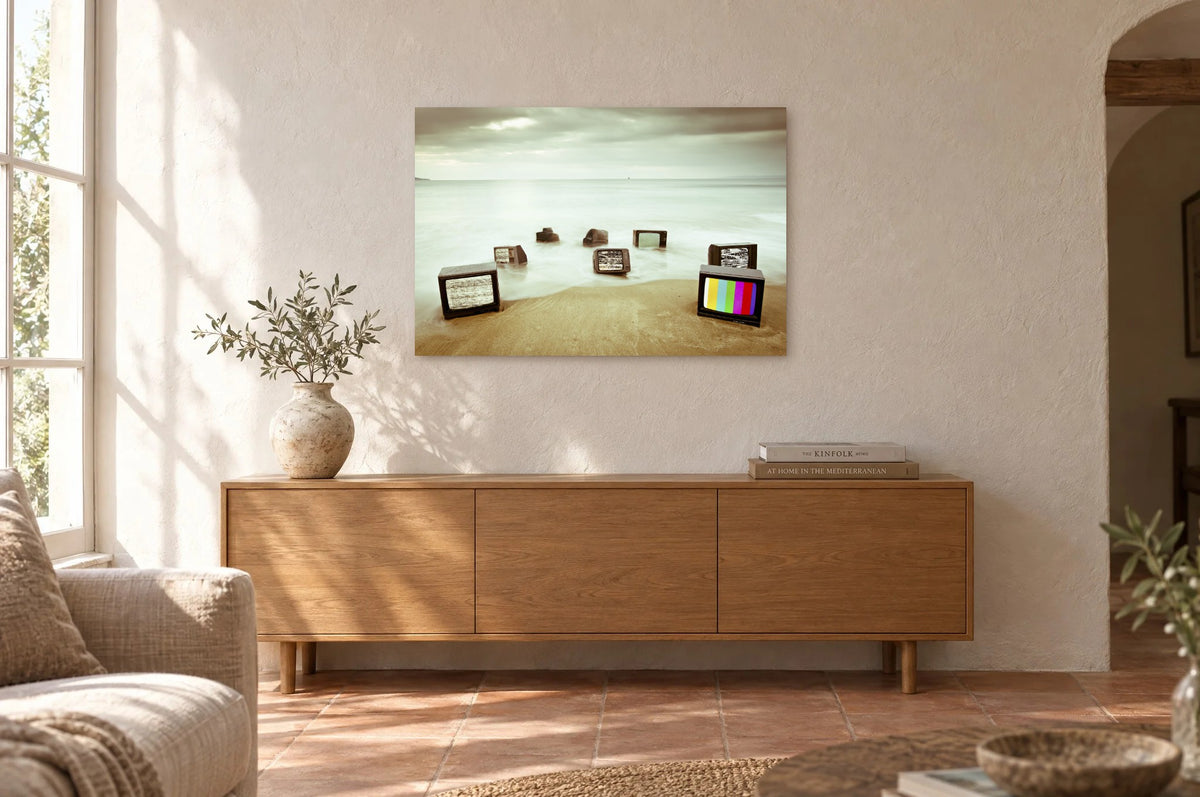 Television Project No. 06 — Drift — photo print shown on a wall in a Mediterranean living room