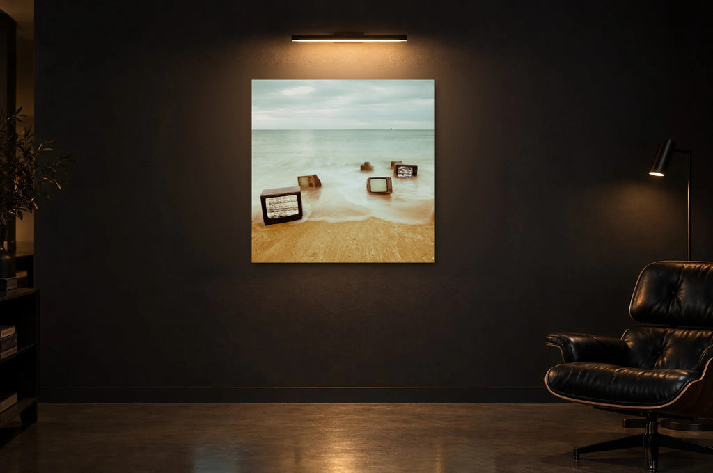 Television Project No. 07 — Undertow — photo print shown in a dark gallery room under a picture light