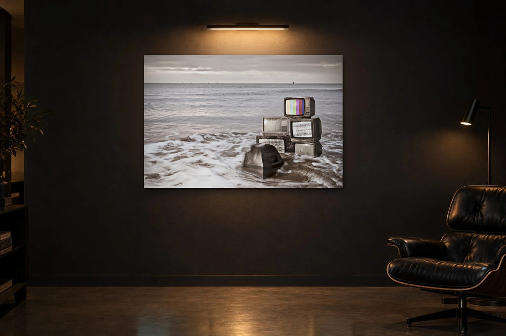 Television Project No. 09 — Salvage — photo print shown in a dark gallery room under a picture light