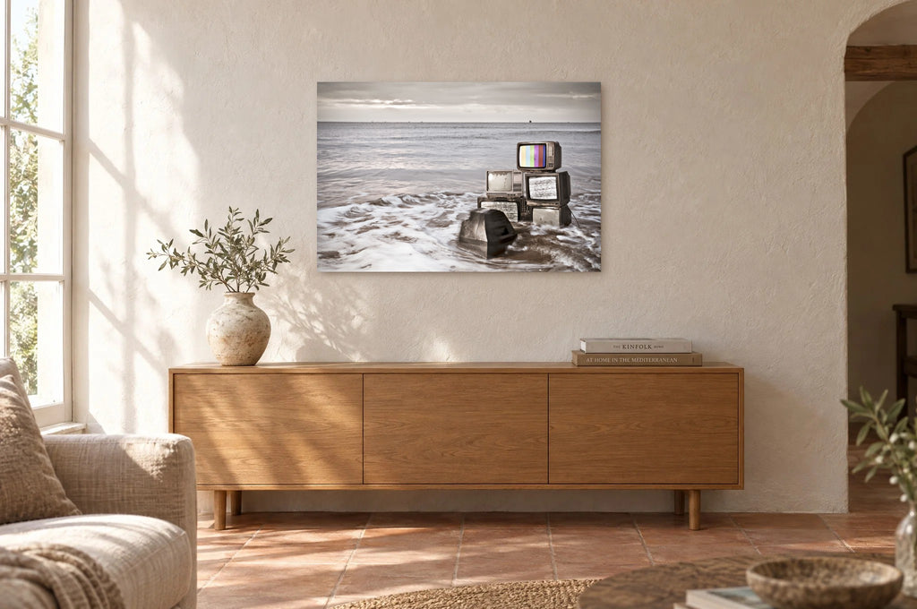 Television Project No. 09 — Salvage — photo print shown on a wall in a Mediterranean living room